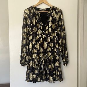Women’s Small ZARA Sheer Black and Gold Long Sleeved Midi Dress with Front Tie